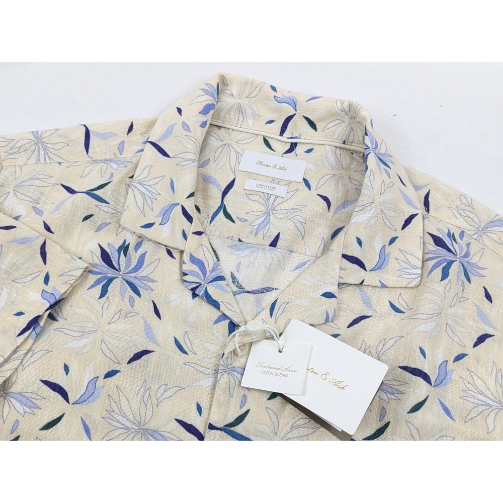 Porter Ash Linen‎ Blend Shirt Mens Medium White Floral Beach Vacation Hawaiian